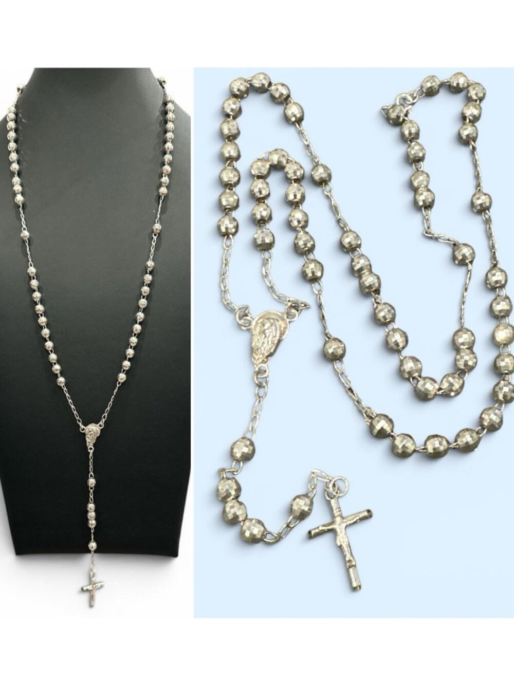 VTG ALL STERLING SILVER ROSARY Round Disco Beads 29” Necklace 20gr 59 Beads